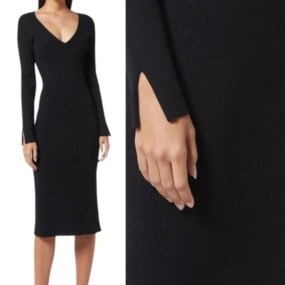Jonathan Simkhai V-Neck Ribbed Stretchy Black Midi Dress Long Sleeve Cocktail - Picture 1 of 16